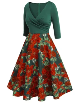 Best Retro Stage 1950s V-Neck Floral Patchwork Dress Green