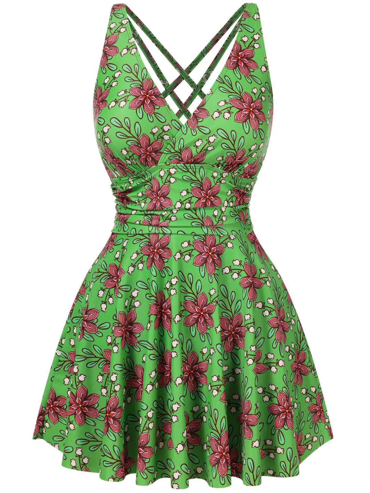 New Retro Stage 1940s V-Neck Floral Ruched-Waist Swimsuit Green