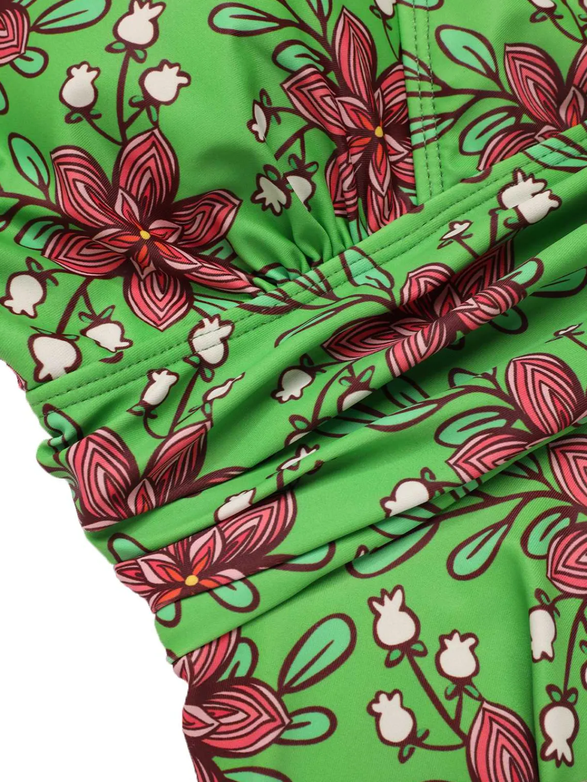 New Retro Stage 1940s V-Neck Floral Ruched-Waist Swimsuit Green