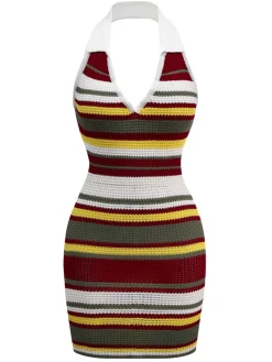 Sale Retro Stage 1960s V-Neck Lapel Stripe Knit Dress Green
