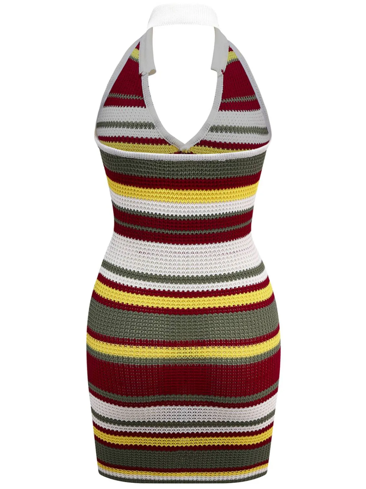 Sale Retro Stage 1960s V-Neck Lapel Stripe Knit Dress Green