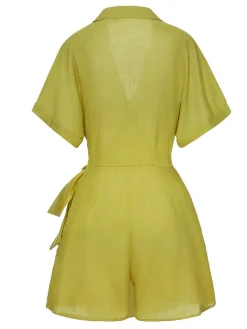 Discount Retro Stage 1940s V-Neck Lapel Waist Tie Romper Green