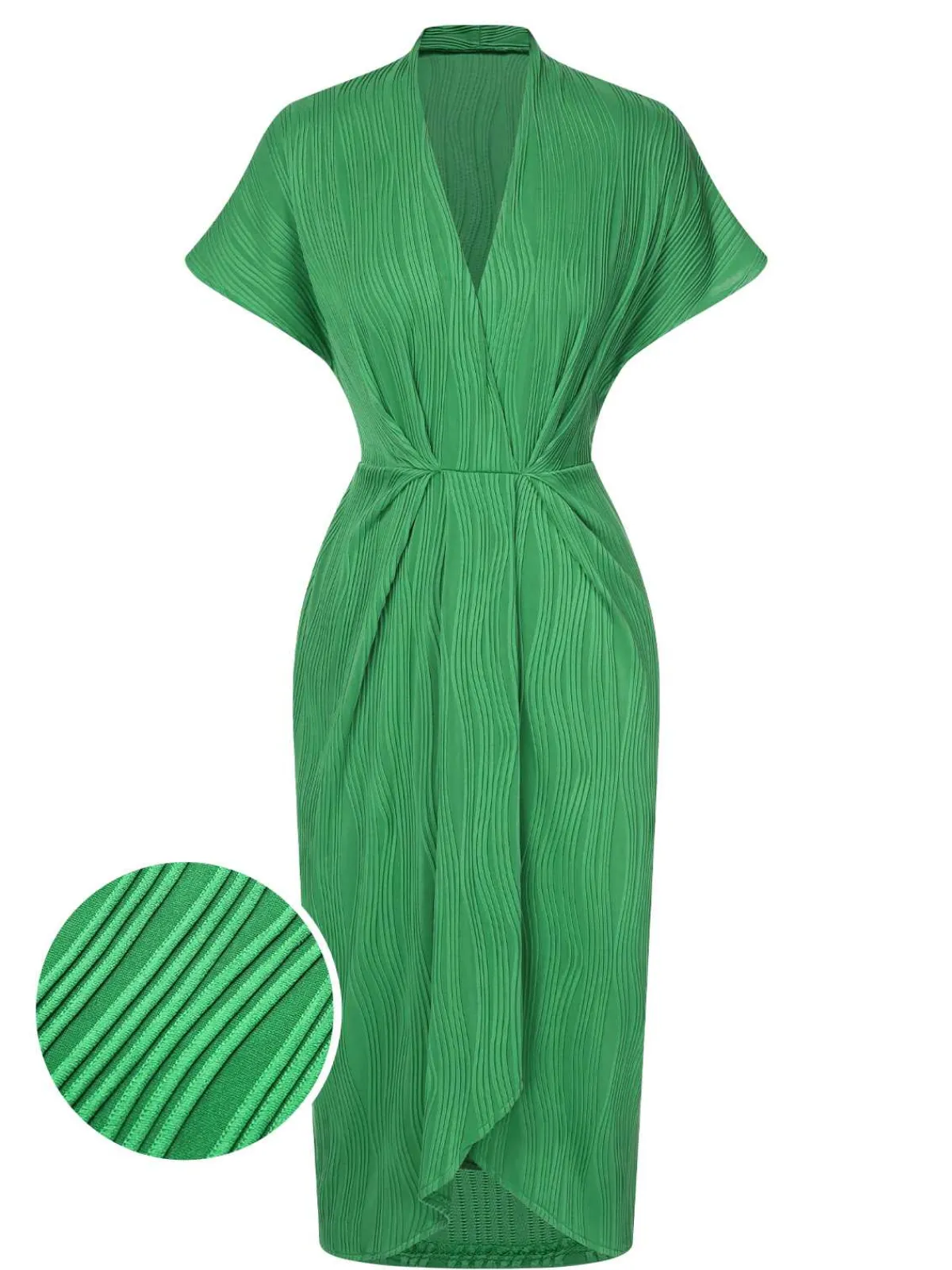 Online Retro Stage 1960s V-Neck Ripple Solid Dress Green