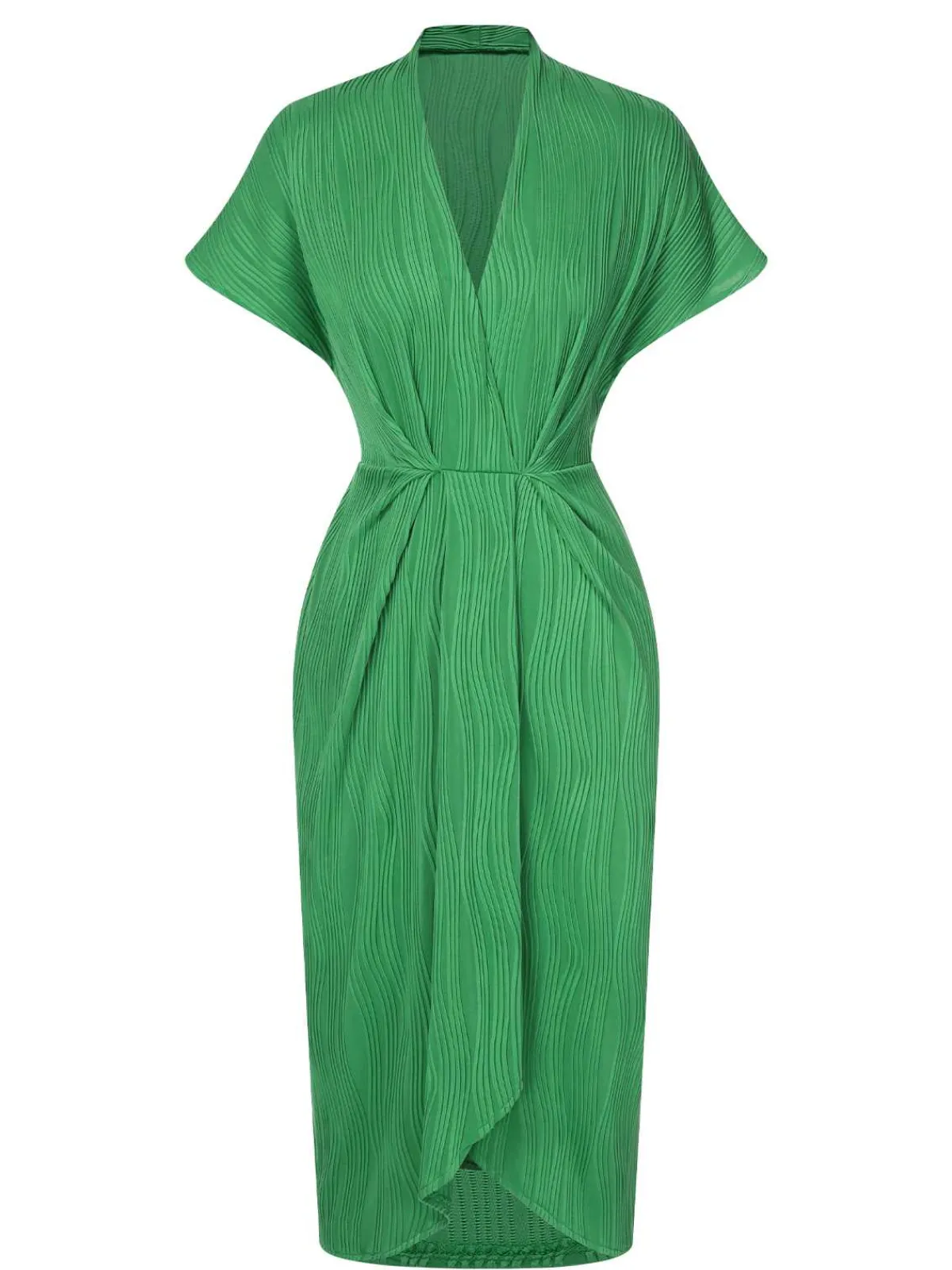 Online Retro Stage 1960s V-Neck Ripple Solid Dress Green