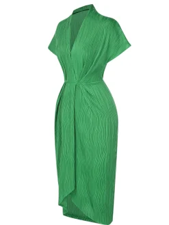 Online Retro Stage 1960s V-Neck Ripple Solid Dress Green