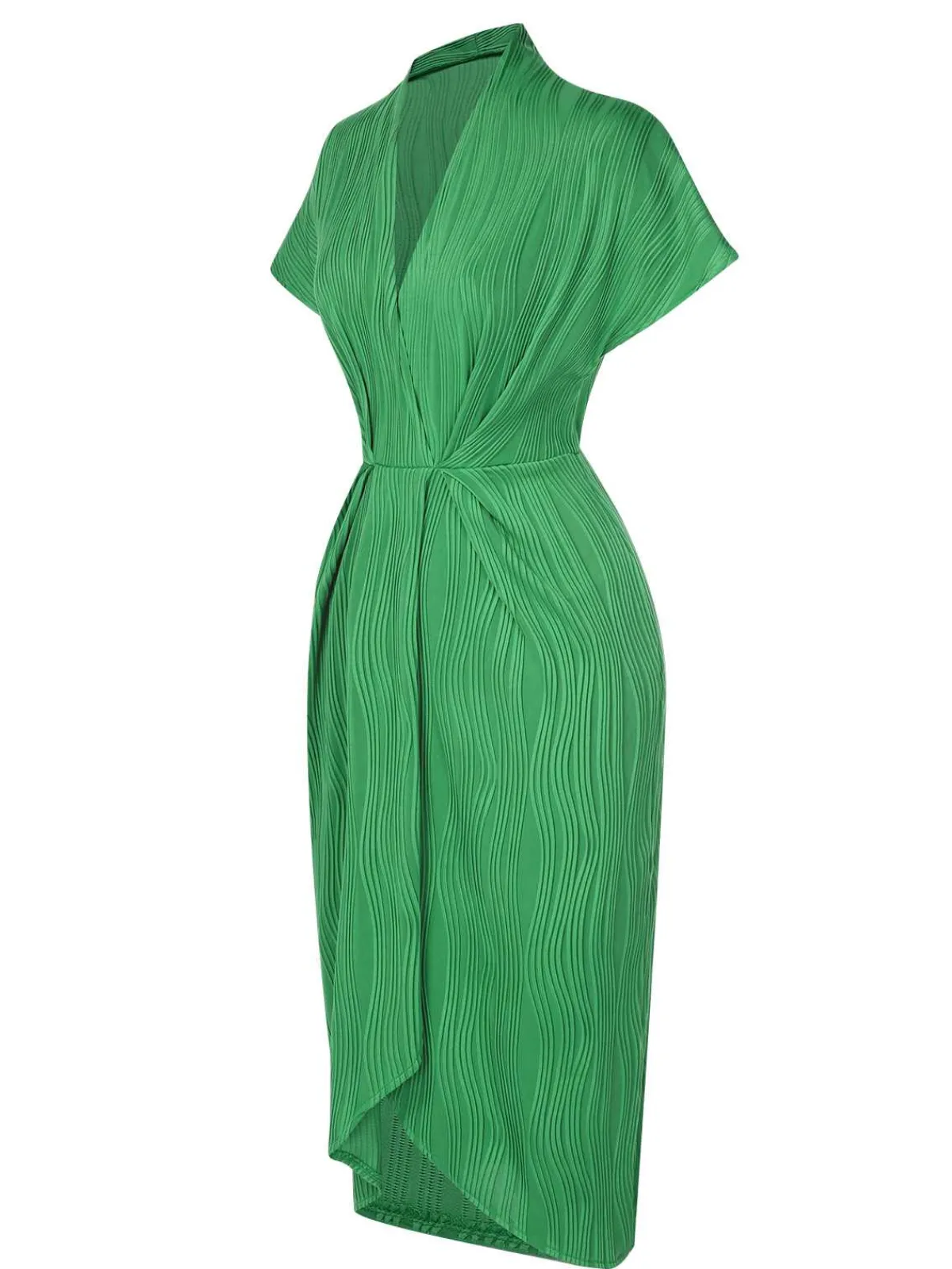 Online Retro Stage 1960s V-Neck Ripple Solid Dress Green