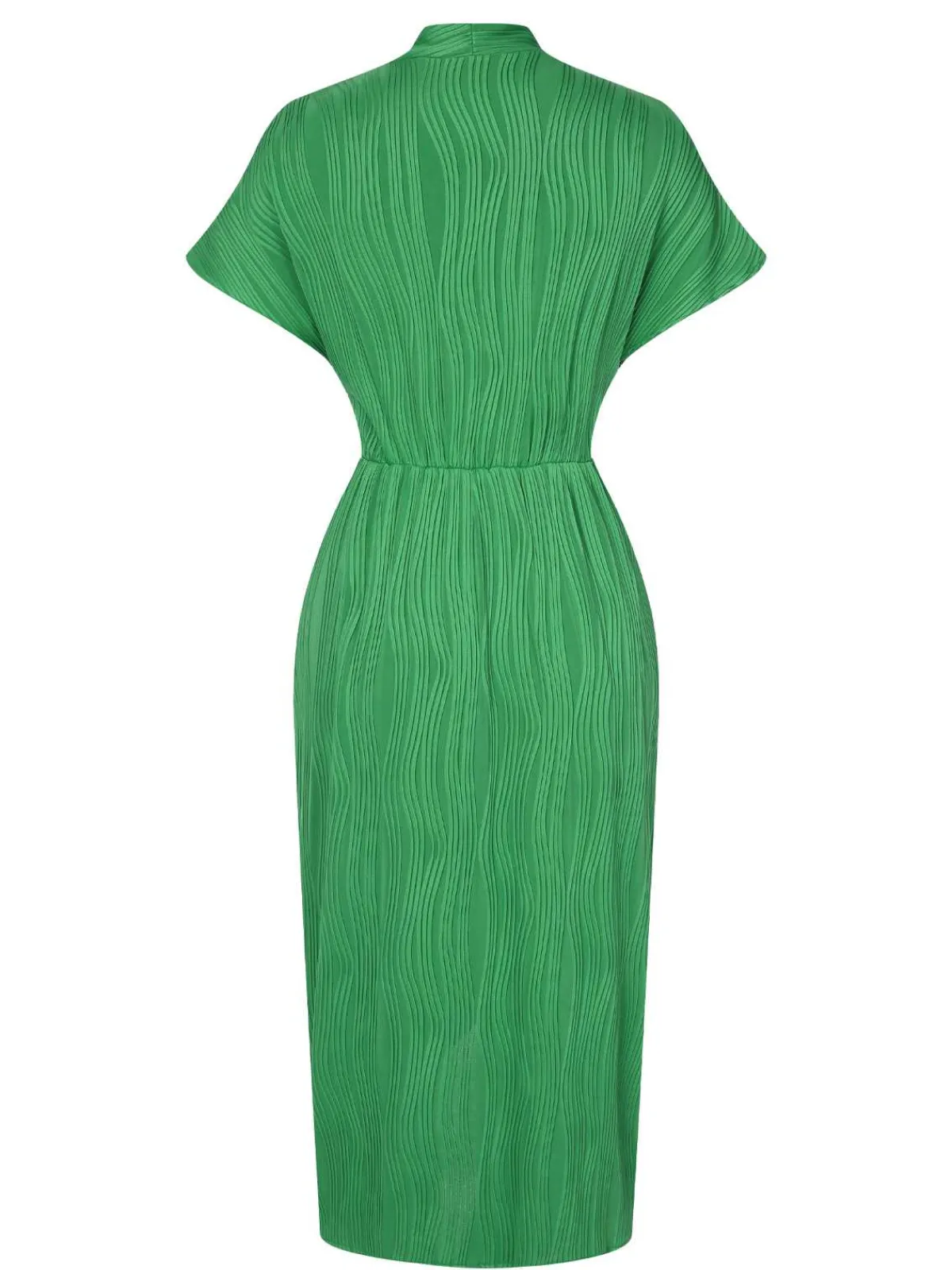 Online Retro Stage 1960s V-Neck Ripple Solid Dress Green