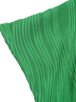 Online Retro Stage 1960s V-Neck Ripple Solid Dress Green