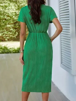 Online Retro Stage 1960s V-Neck Ripple Solid Dress Green
