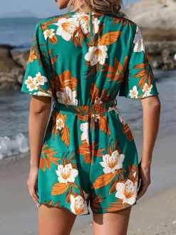 Hot Retro Stage 1970s V-Neck Ruffle Sleeves Romper Green