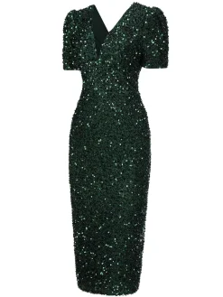 Online Retro Stage 1960s V-Neck Sequined Pencil Dress Green