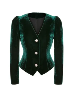 Hot Retro Stage 1960s V-Neck Short Velvet Coat Green