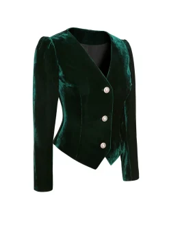 Hot Retro Stage 1960s V-Neck Short Velvet Coat Green