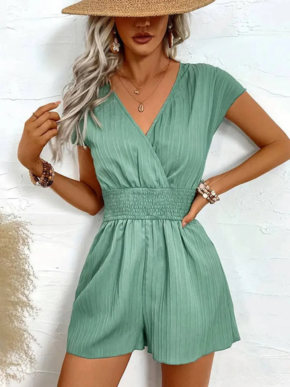 Online Retro Stage 1950s V-Neck Smocked Cap Sleeves Romper Green