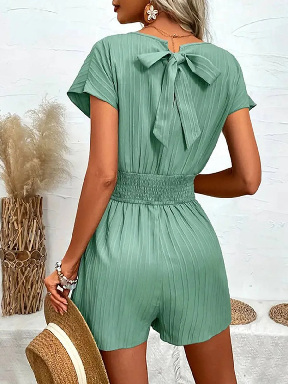 Online Retro Stage 1950s V-Neck Smocked Cap Sleeves Romper Green