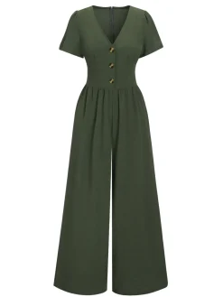 Clearance Retro Stage 1940s V-Neck Solid Jumpsuit Green