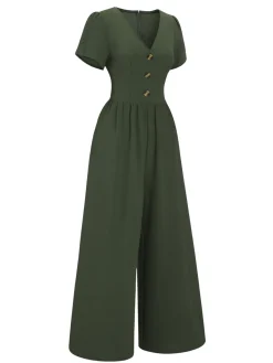 Clearance Retro Stage 1940s V-Neck Solid Jumpsuit Green