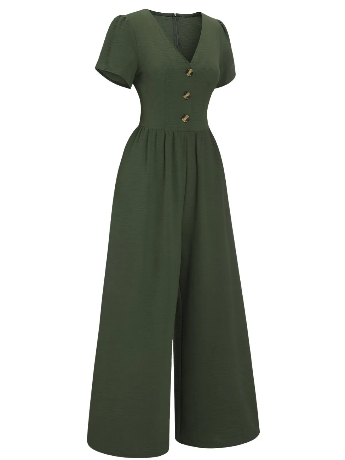 Clearance Retro Stage 1940s V-Neck Solid Jumpsuit Green