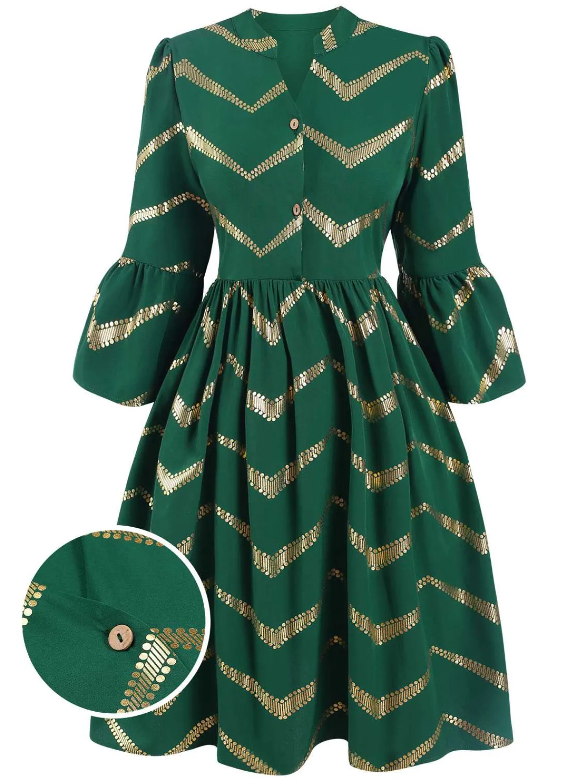 Clearance Retro Stage 1970s V-Neck Stripes Flare Sleeve Dress Green