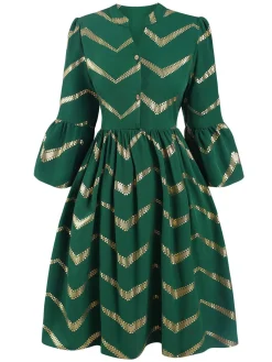 Clearance Retro Stage 1970s V-Neck Stripes Flare Sleeve Dress Green