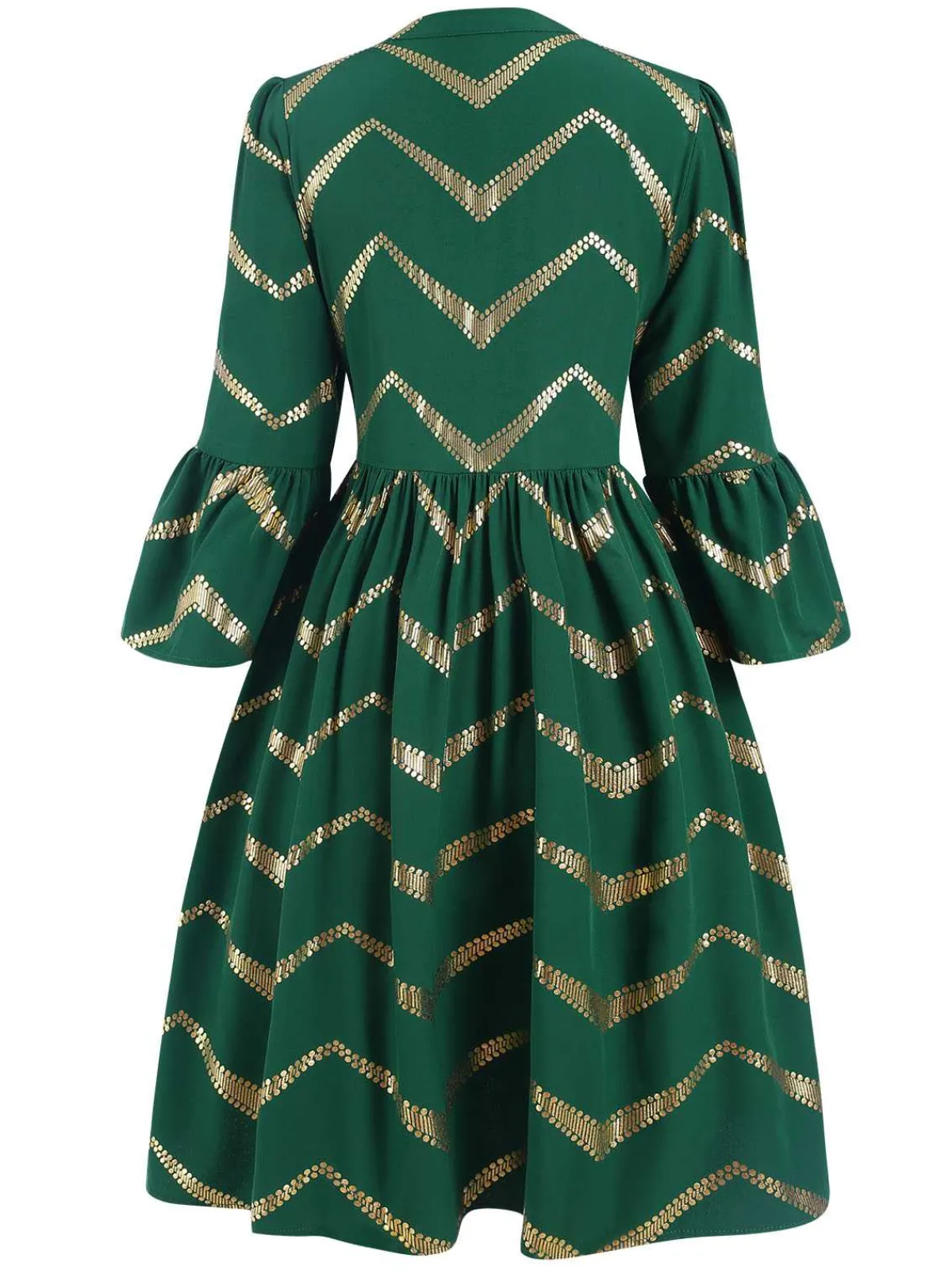 Clearance Retro Stage 1970s V-Neck Stripes Flare Sleeve Dress Green