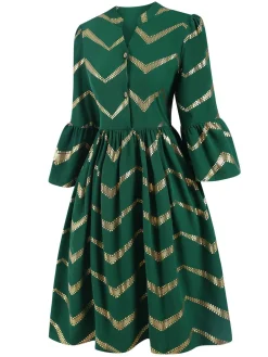 Clearance Retro Stage 1970s V-Neck Stripes Flare Sleeve Dress Green
