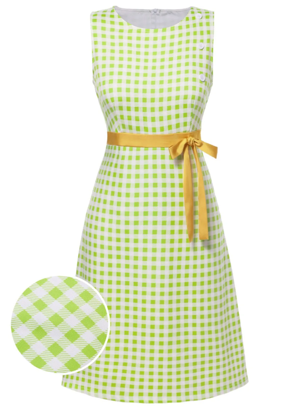 Best Retro Stage 1960s Waist Tie Gingham Mod Dress Green