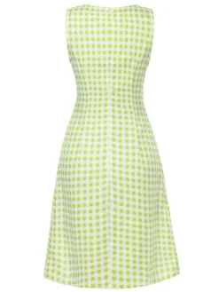 Best Retro Stage 1960s Waist Tie Gingham Mod Dress Green