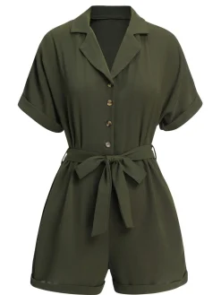 Fashion Retro Stage 1950s Waist Tie Lapel Romper Green