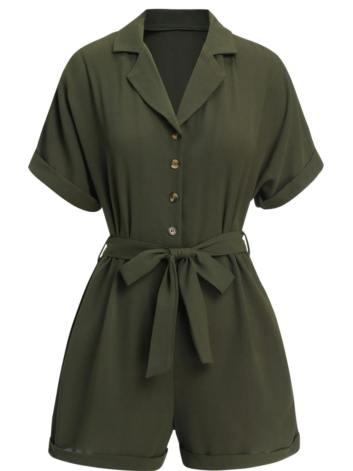 Fashion Retro Stage 1950s Waist Tie Lapel Romper Green