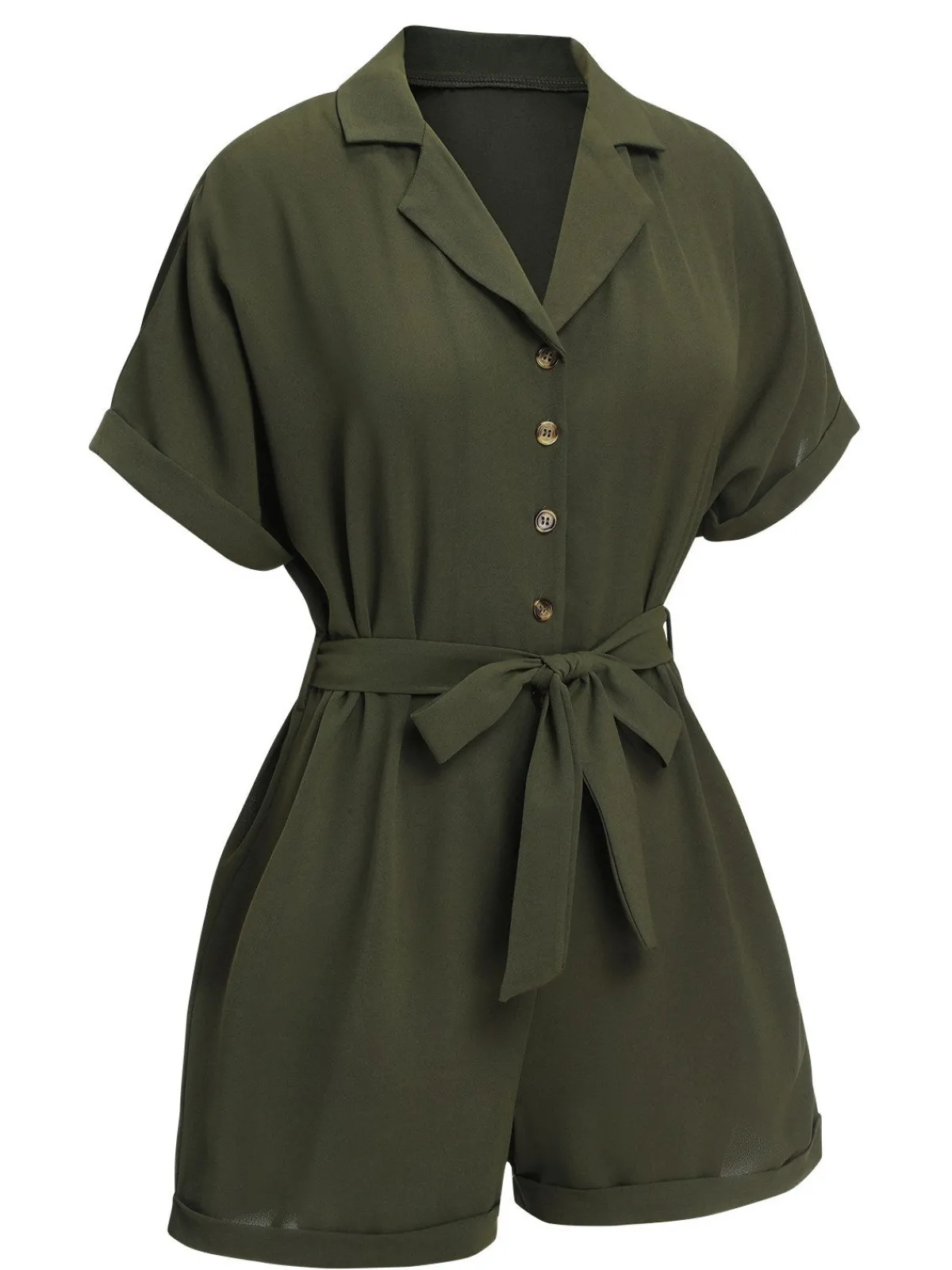 Fashion Retro Stage 1950s Waist Tie Lapel Romper Green
