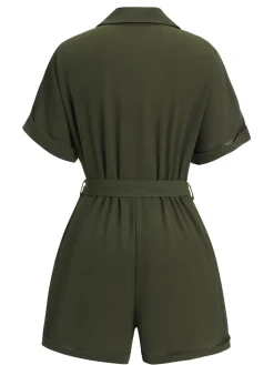 Fashion Retro Stage 1950s Waist Tie Lapel Romper Green