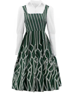 New Retro Stage 1960s Wicked Irregular Stripes Patchwork Dress Green