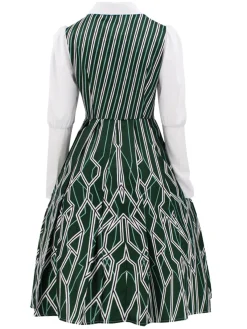 New Retro Stage 1960s Wicked Irregular Stripes Patchwork Dress Green