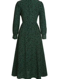 Sale Retro Stage V-Neck Leopard A-Line Dress Green