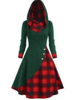 Best Retro Stage Green&Red 1950s Christmas Plaids Hooded Dress