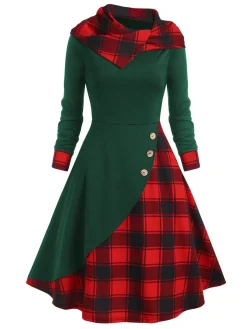 Best Retro Stage Green&Red 1950s Christmas Plaids Hooded Dress