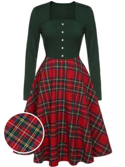 Discount Retro Stage 1950s Square Neck Plaids Long Sleeve Dress Green&Red