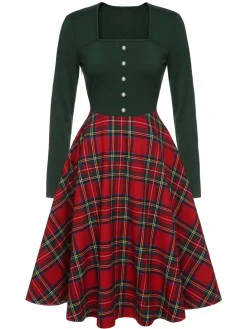 Discount Retro Stage 1950s Square Neck Plaids Long Sleeve Dress Green&Red
