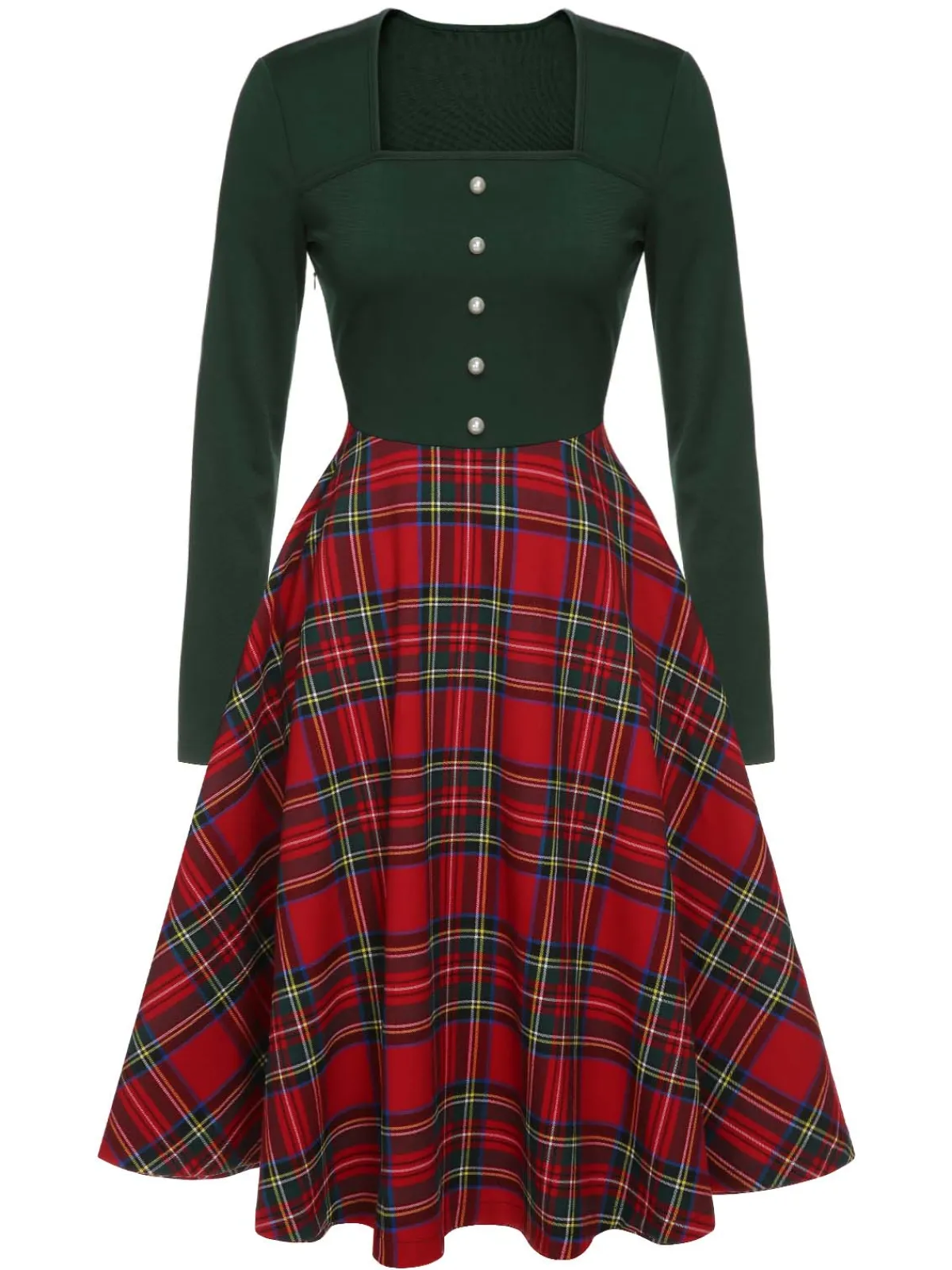 Discount Retro Stage 1950s Square Neck Plaids Long Sleeve Dress Green&Red