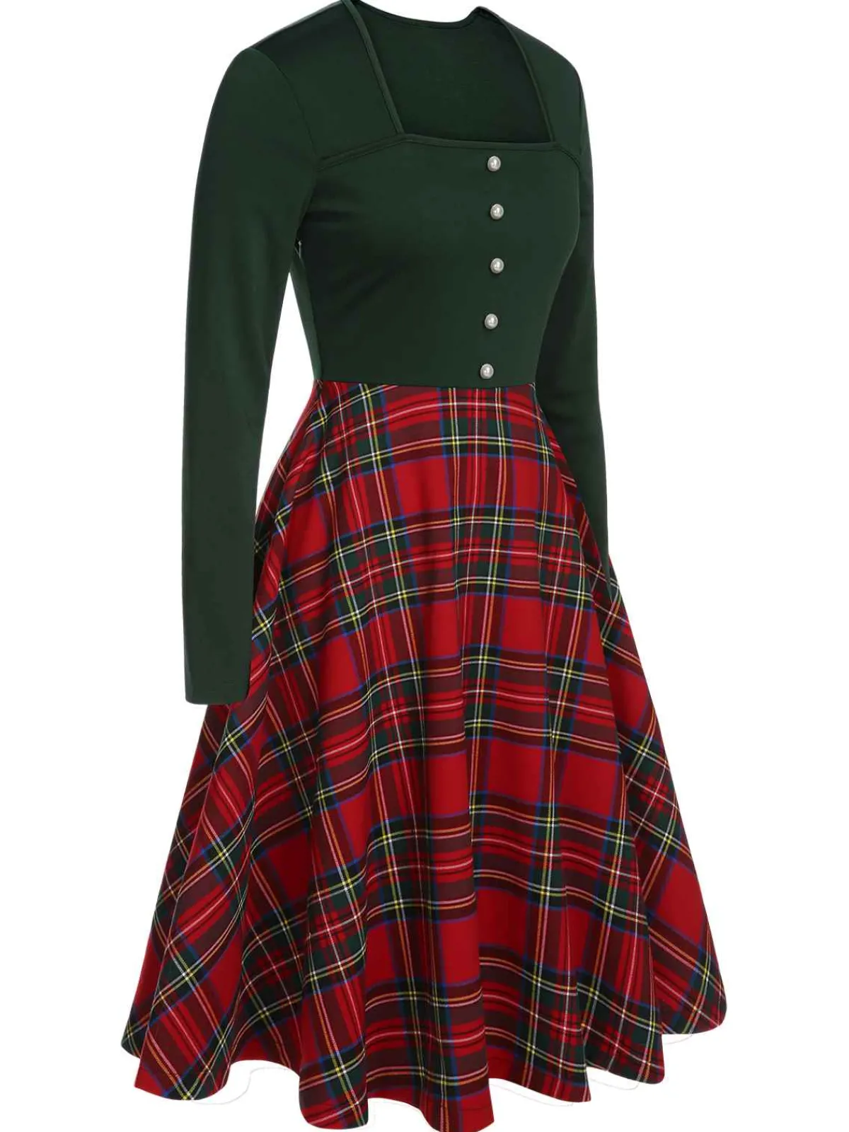 Discount Retro Stage 1950s Square Neck Plaids Long Sleeve Dress Green&Red