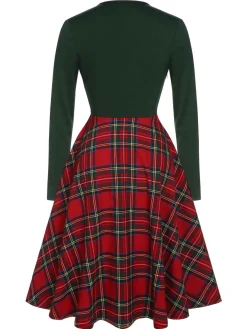 Discount Retro Stage 1950s Square Neck Plaids Long Sleeve Dress Green&Red