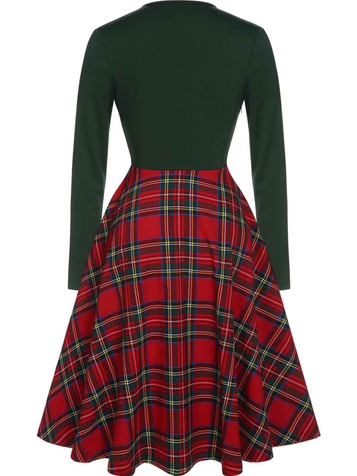 Discount Retro Stage 1950s Square Neck Plaids Long Sleeve Dress Green&Red