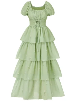 New Retro Stage 1970s Tiered Floral Maxi Dress Grey Green