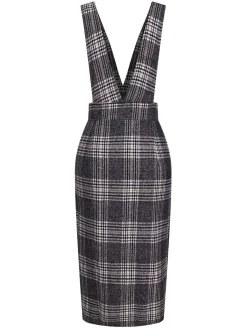 Online Retro Stage 1960s Button Plaid Pinafore Dress Grey