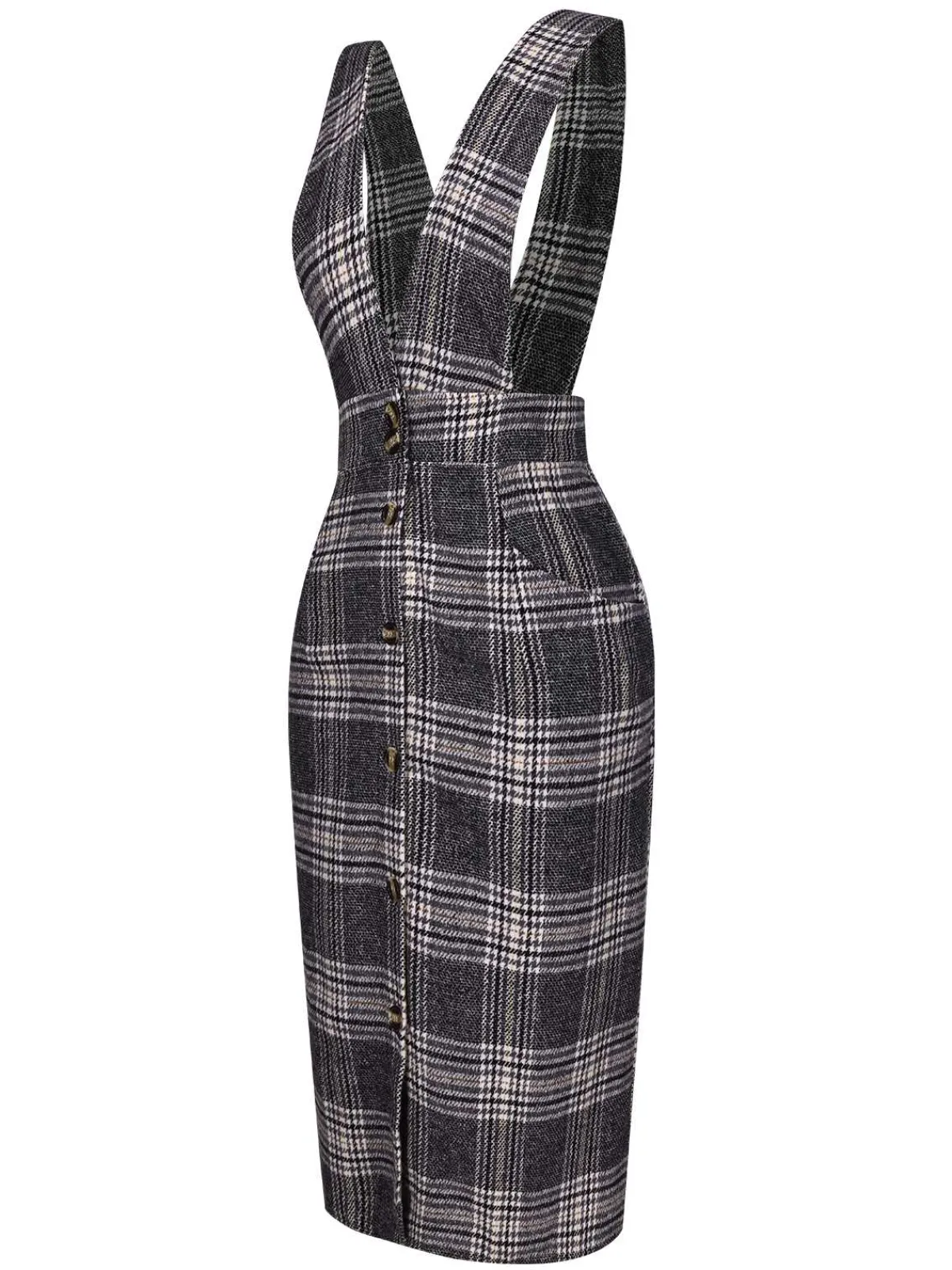 Online Retro Stage 1960s Button Plaid Pinafore Dress Grey