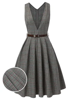 Online Retro Stage 1940s Deep V-Neck Glen Plaid Dress Grey