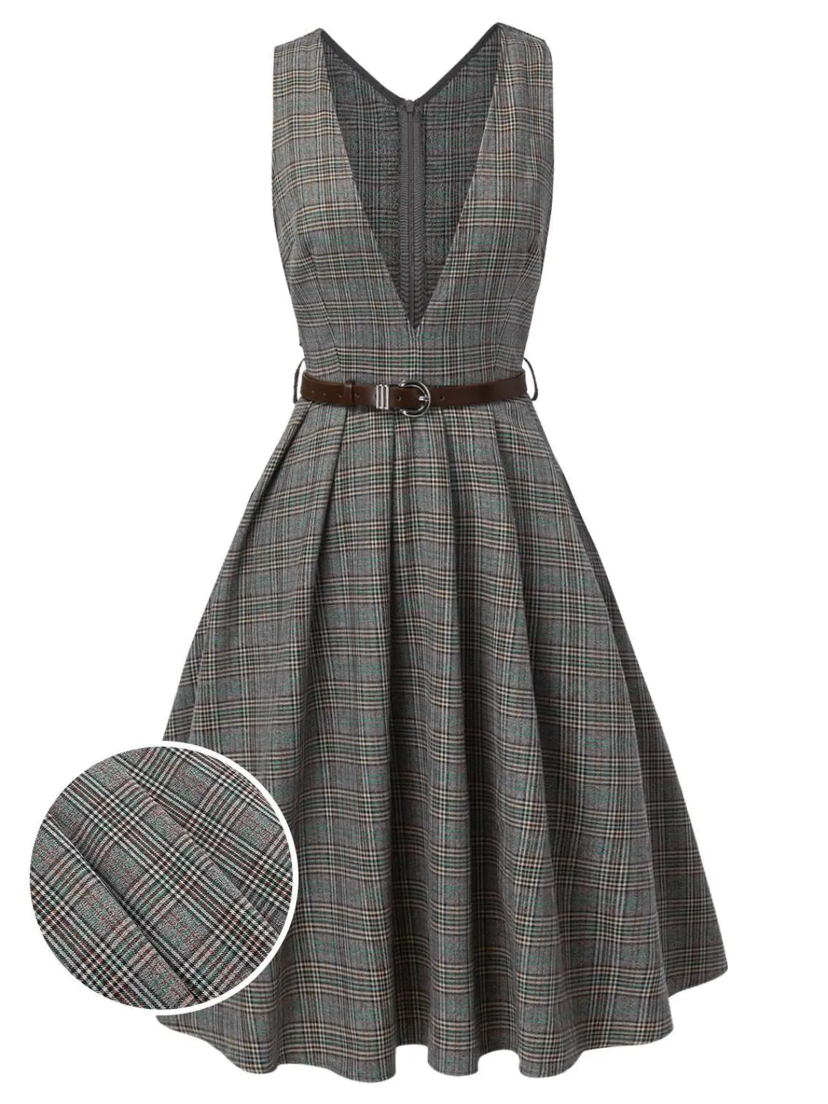 Online Retro Stage 1940s Deep V-Neck Glen Plaid Dress Grey