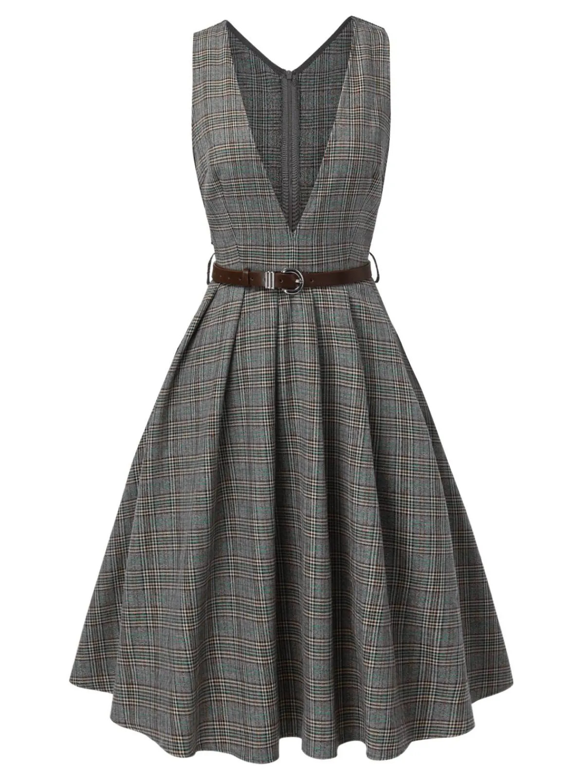 Online Retro Stage 1940s Deep V-Neck Glen Plaid Dress Grey