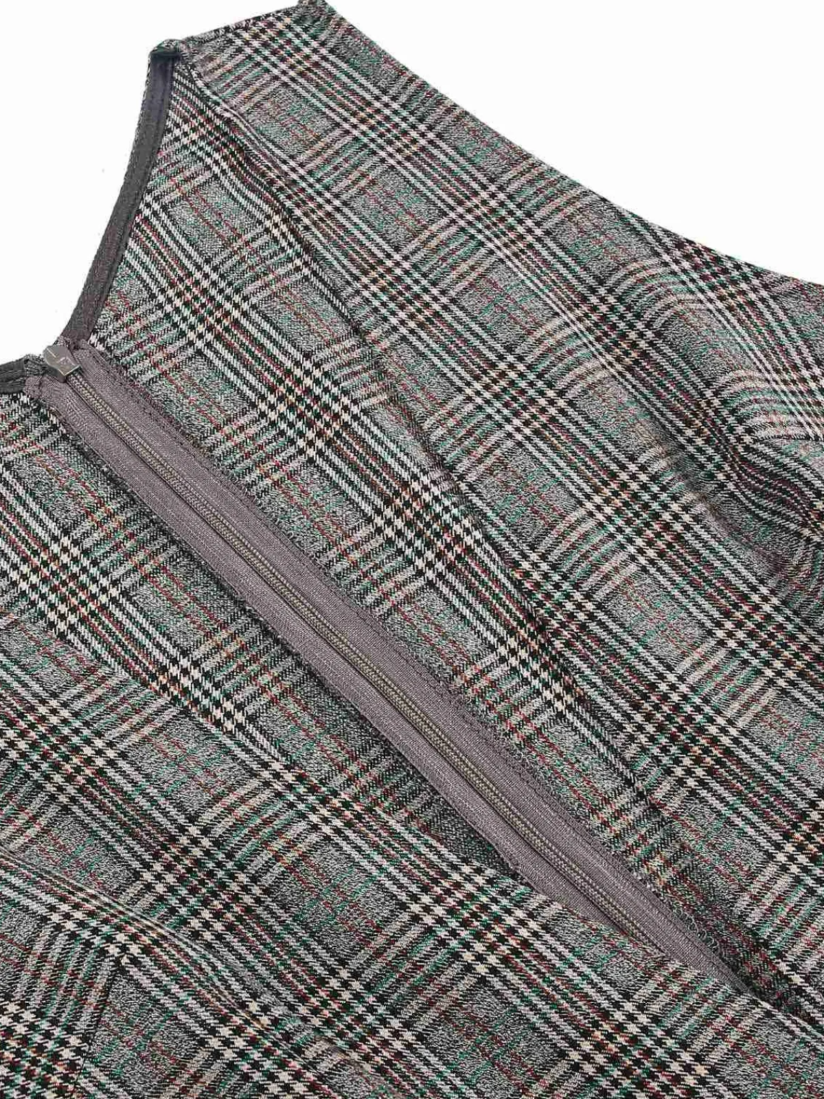Online Retro Stage 1940s Deep V-Neck Glen Plaid Dress Grey